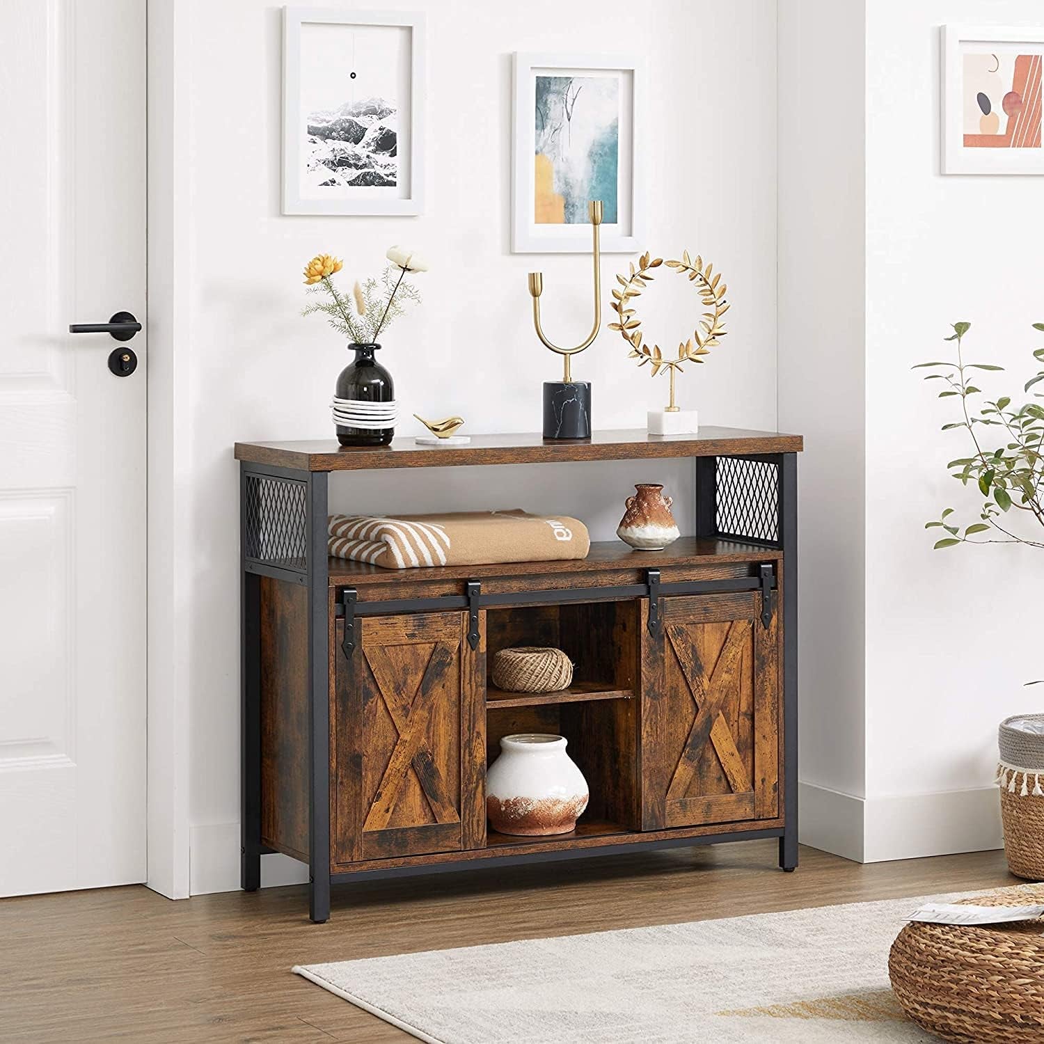 Buffet Cabinet, Storage Cabinet, Sideboard with 2 Sliding Barn Doors, Adjustable Shelves, 13 X 39.4 X 31.5 Inches, for Living Room, Rustic Brown and Ink Black ULSC092B01