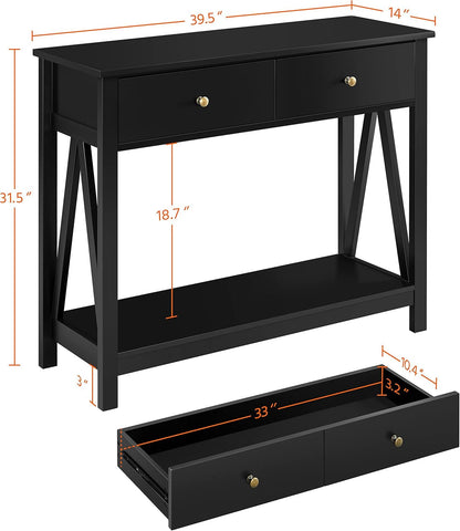 Console Table with Drawer, Wood Entryway Table with Storage Shelves, Sofa Table Narrow Long for Living Room Entryway Hallway, Easy Assembly, Black