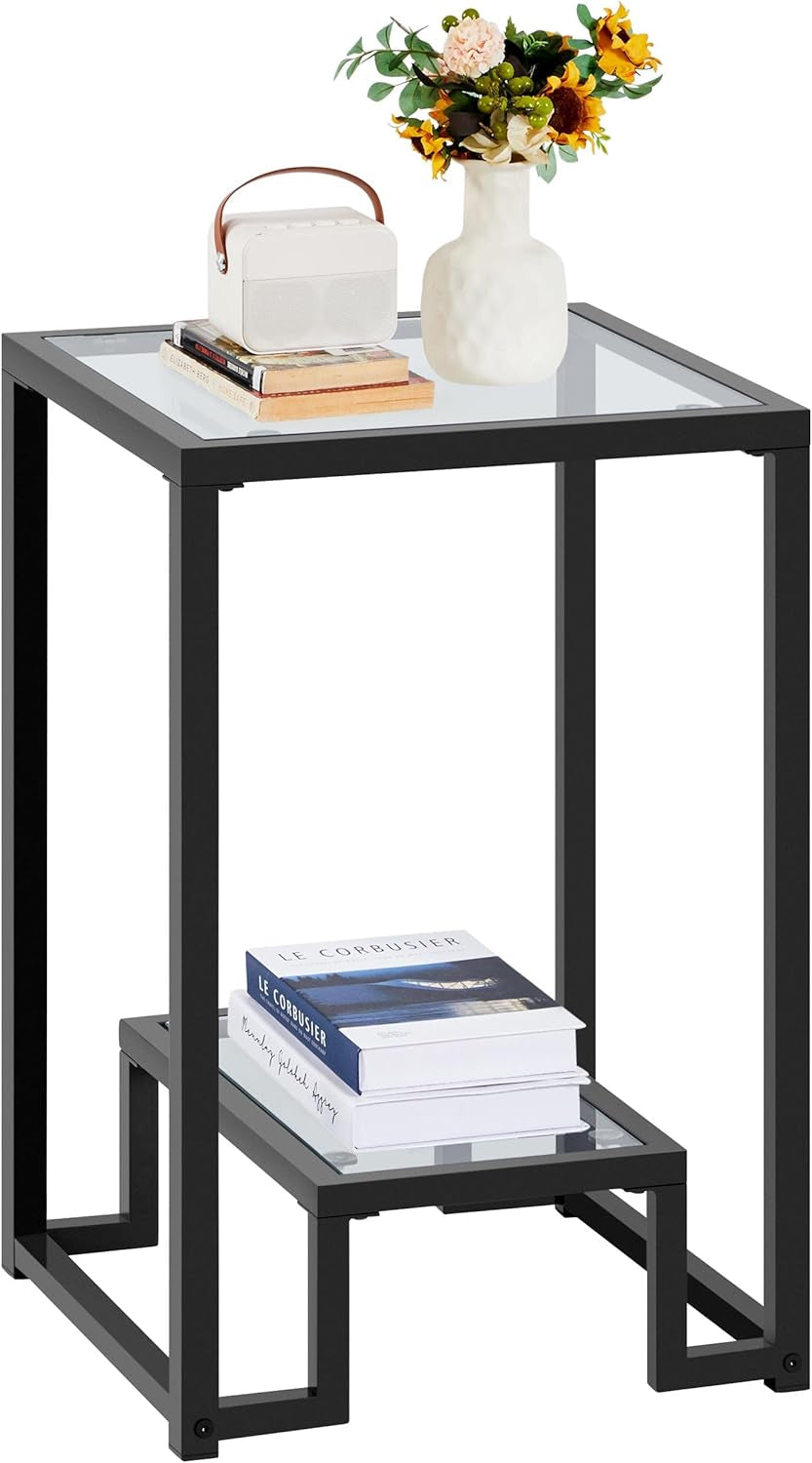 Glass Side Table, Tempered Glass End Table with Shelf and Sturdy Metal Frame, Modern Elegant Accent Snake Table Small Coffee Table for Living Room Hallway Bedroom, Black