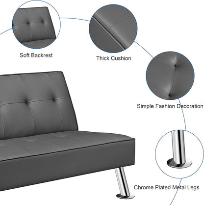 Convertible Sofa Couch Futon Bed Faux Leather Sofa Bed Sleeper Adjustable Loveseat Futon Couch Living Room Furniture with Chrome Metal Legs, Gray