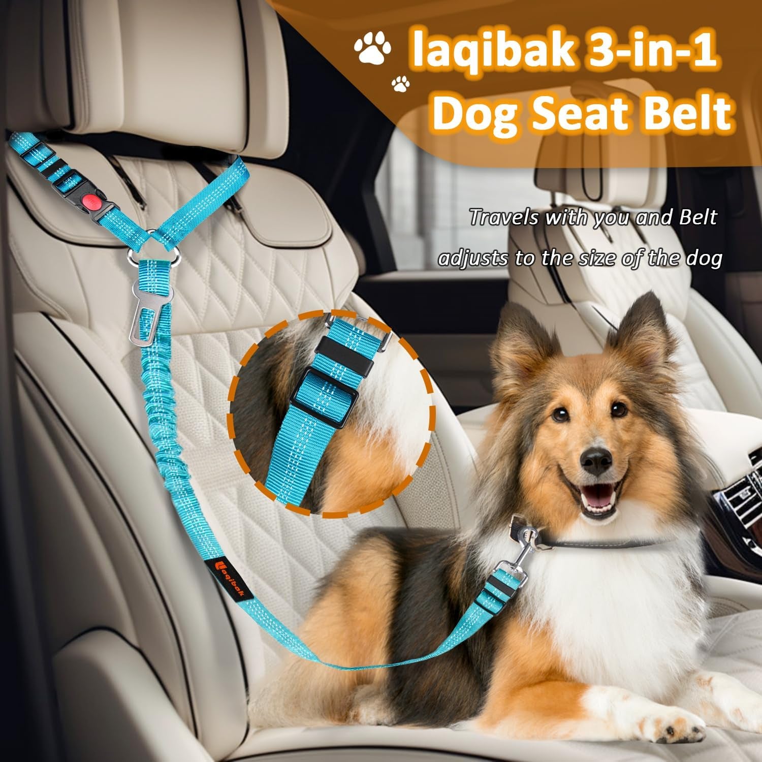 Removable Dog Seat Belt Harness for Car, 3 in 1 Pet Dog Car Seatbelt Leash, Retractable Restraint Secures to Vehicle Headrest &amp; Adjustable Reflective Bungee Dog Seatbelt Tether, Blue and Black