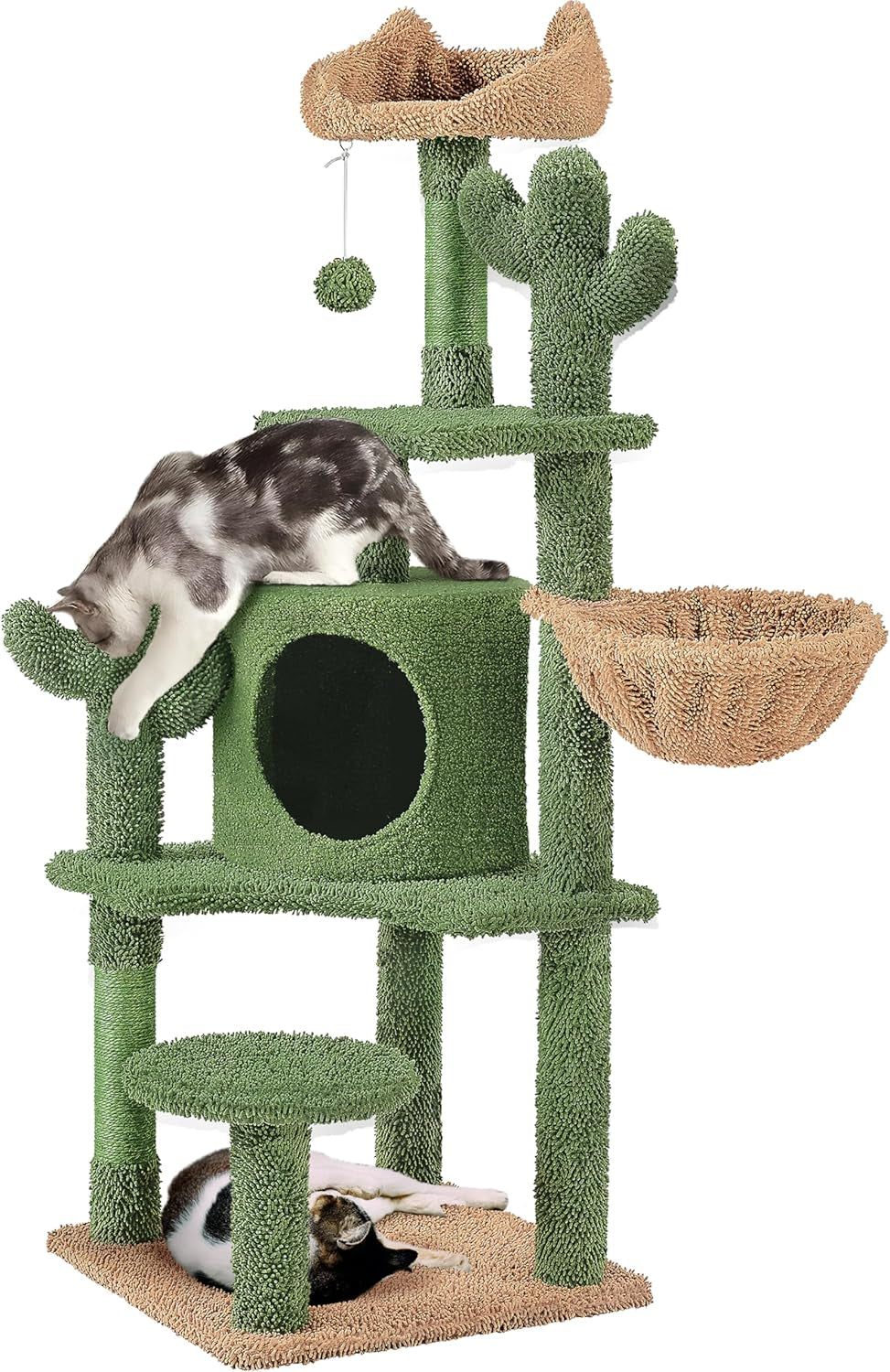 Cactus Cat Tree, 53.5In Cat Tower for Indoor Cats with Sisal Covered Scratching Post, Condo, Plush Perches and Fluffy Balls, Multi-Level Cat Climbing Tree Play House Activity Center, Green