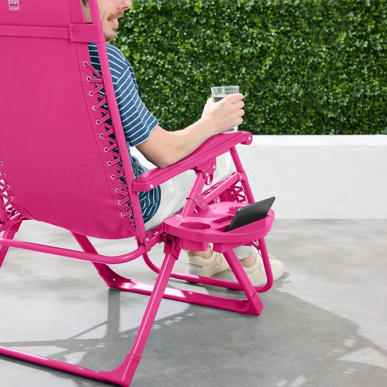 Adjustable Zero Gravity Chair, Monochromatic Color Folding Patio Recliner W/Side Tray, Headrest - Hot Pink