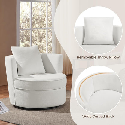 Swivel Barrel Chair, 34.5″ W Teddy Upholstered round Swivel Chair, 360° Soft Boucle Accent Arm Chair with Throw Pillow, Single Sofa Chair for Living Room Bedroom Reading White