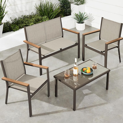 4-Piece Outdoor Textilene Patio Conversation Set, Backyard Furniture W/Loveseat, Coffee Table, Steel Frame - Taupe/Charcoal