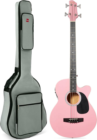 Acoustic Electric Bass Guitar, Full Size 4 String, Fretted Bass Guitar W/Padded Gig Bag - Black