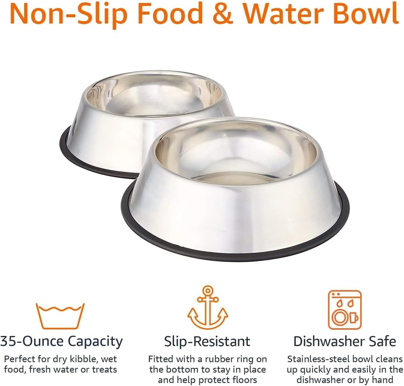 Stainless Steel Non-Skid Pet Dog Water and Food Bowl, 2-Pack (10 X 2.8 Inches), Each Holds up to 4 Cups