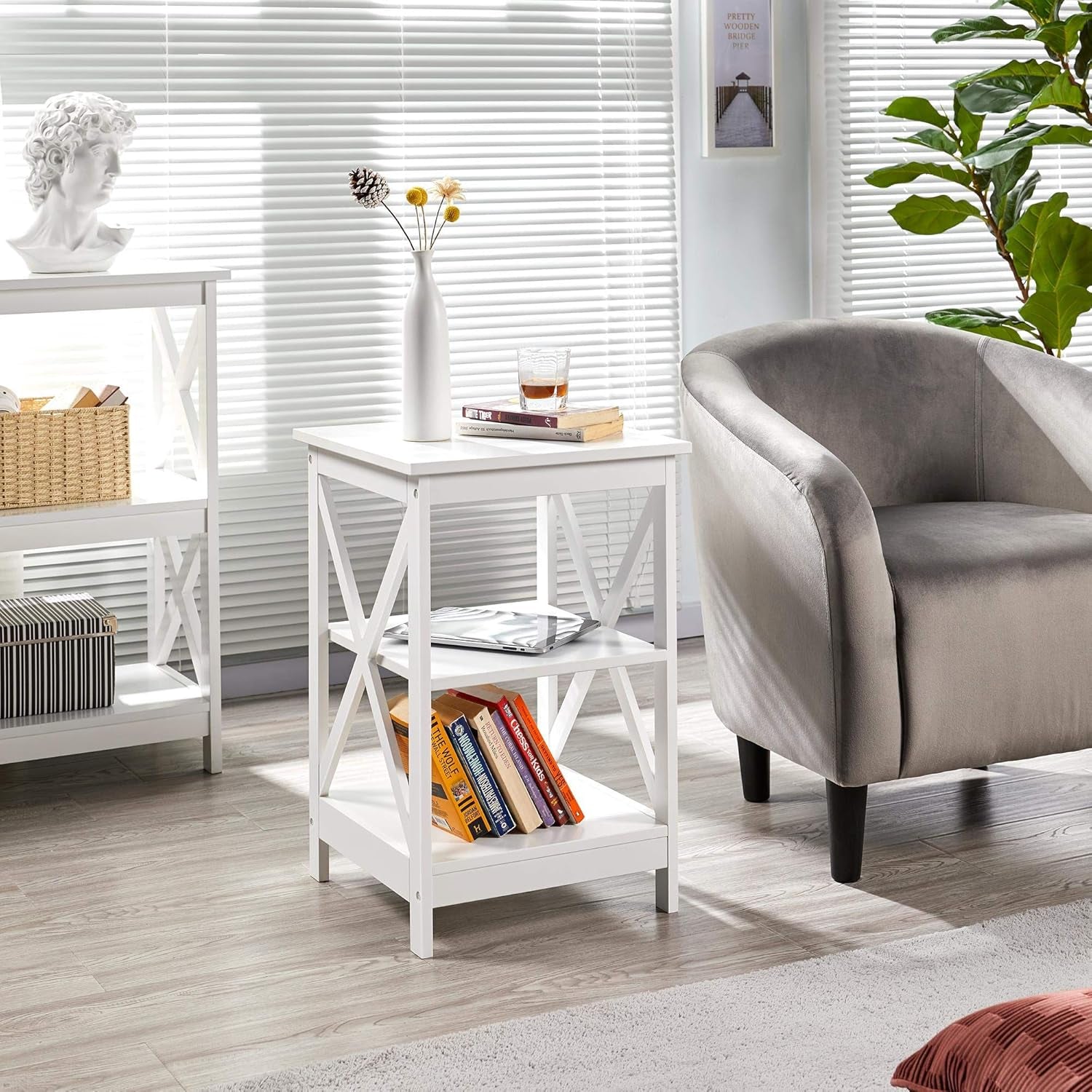 3 Tier Sofa Side End Table with Shelf, X Shaped Sturdy Large Chair Side Snack Table for Living Room, Display Unit Organizer, White, 15.7 X 15.7 X 24’’ (L X W X H)