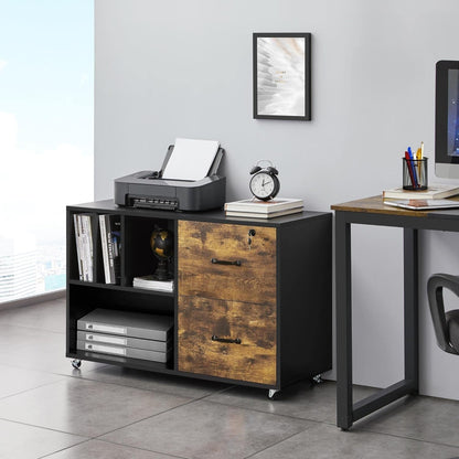 File Cabinets Large Rolling Filing Cabinet Printer Stand on Wheels for Home Office,With 4 Open Storage Shelves,Letter Size A4 Size,Black/Rustic Brown