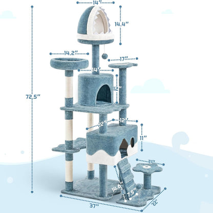 Cat Tree, 72.5Inch Ocean-Themed Cat Tree Tower, Multi-Level Large Cat Tree for Indoor Cats with Shark&