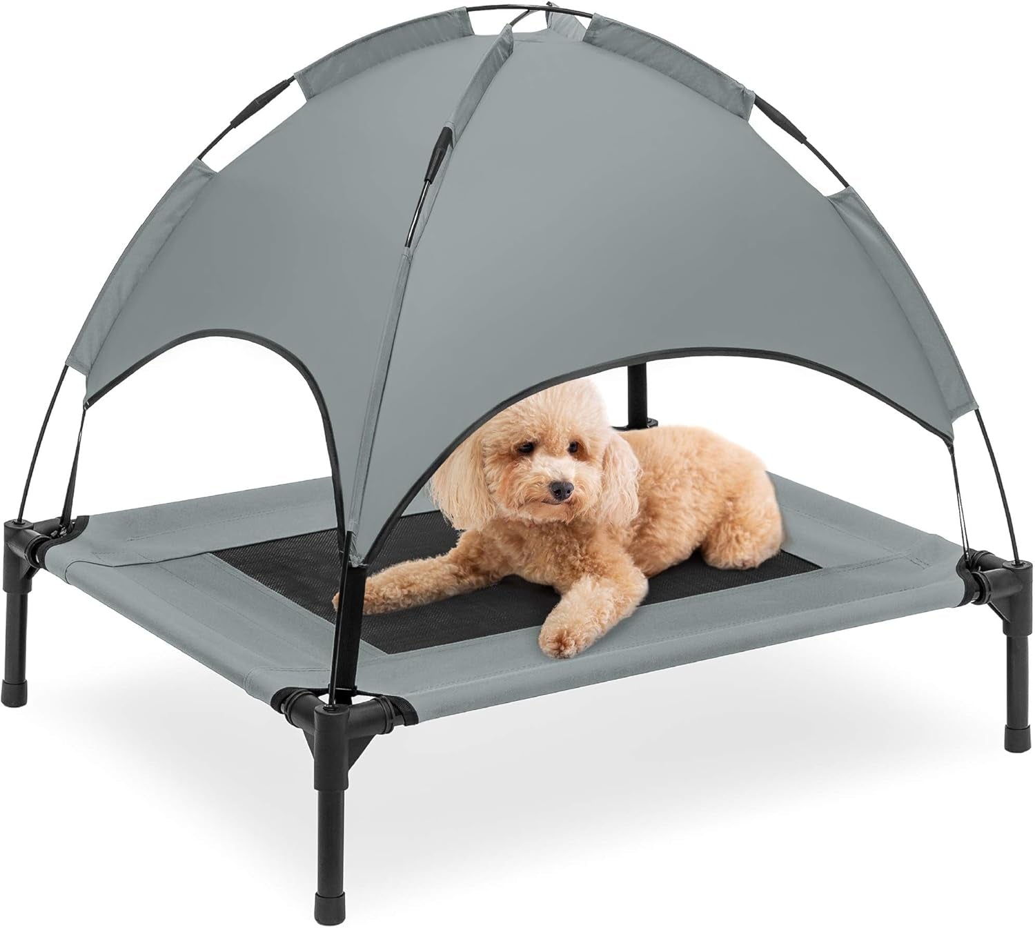 48In Elevated Cooling Dog Bed, Outdoor Raised Mesh Pet Cot W/Removable Canopy Shade Tent, Carrying Bag, Breathable Fabric - Gray