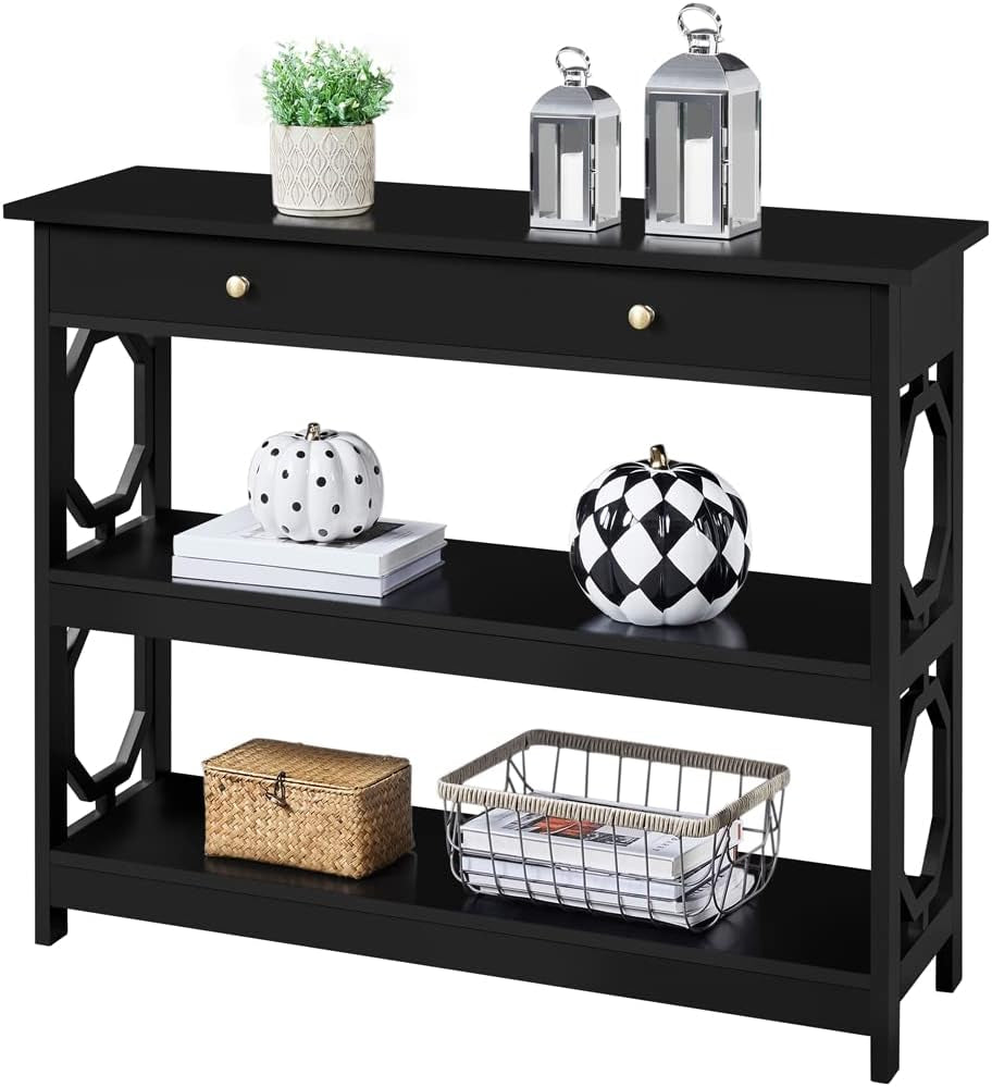 3-Tier Console Table with Drawer and Storage Shelves, 39&quot; Sofa Table Wood Entryway Table for Living Room/Entryway/Hallway/Corridor, Black,Geometric Side Design