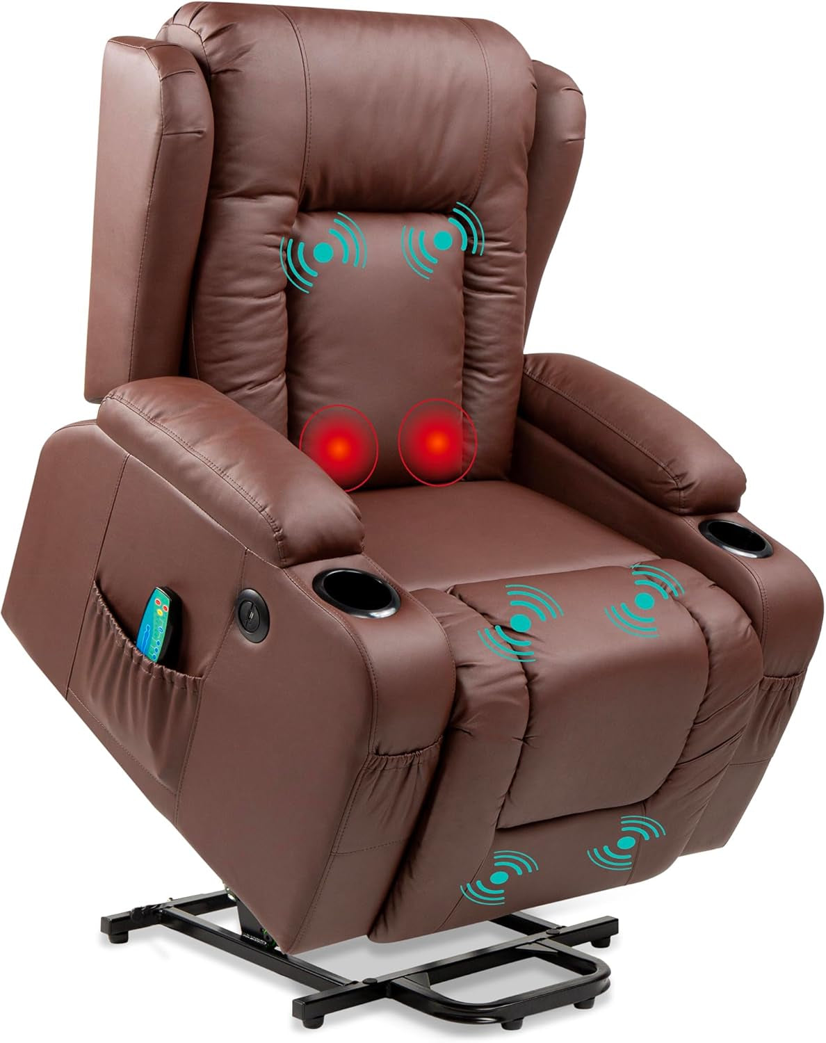 PU Leather Electric Power Lift Chair, Recliner Massage Chair, Adjustable Furniture for Back, Legs W/ 3 Positions, USB Port, Heat, Cupholders, Easy-To-Reach Side Button - Brown