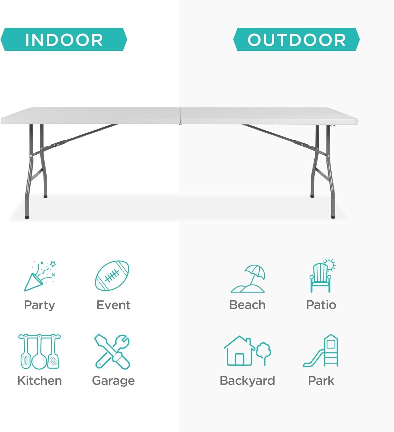 8Ft Plastic Folding Table, Indoor Outdoor Heavy Duty Portable W/Handle, Lock for Picnic, Party, Pong, Camping - White