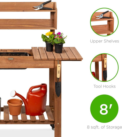 Mobile Garden Potting Bench, Outdoor Wood Workstation Table W/Sliding Tabletop, 4 Locking Wheels, Food Grade Dry Sink, Storage Shelves - Brown