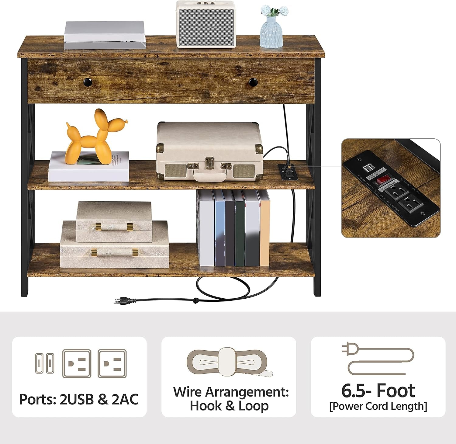 Console Table with 2 Outlets and 2 USB Ports, Industrial Entryway Table with Drawer and Storage Shelves, Narrow Sofa Table with Metal Frame for Living Room, Hallway, Rustic Brown