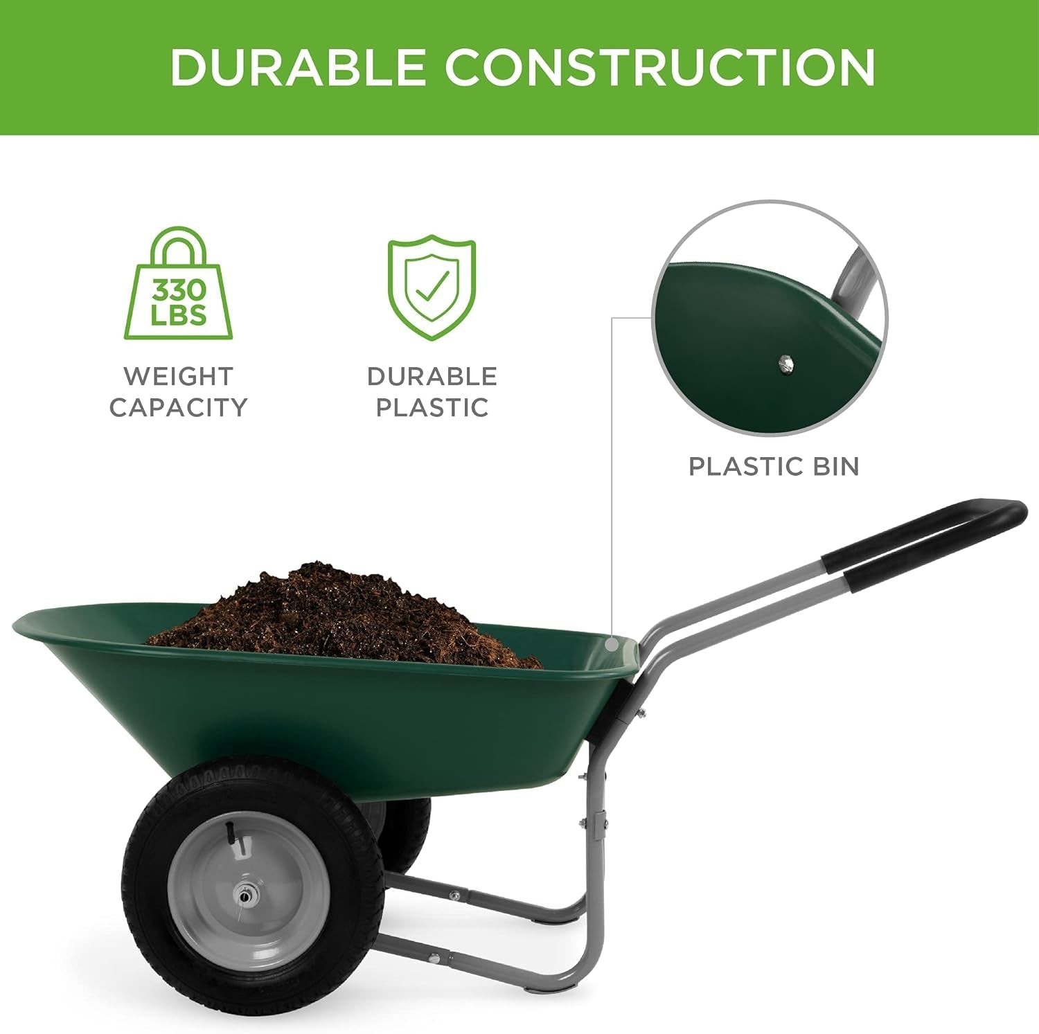 Dual-Wheel Home Utility Yard Wheelbarrow Garden Cart W/Built-In Stand for Lawn, Gardening, Construction - Green