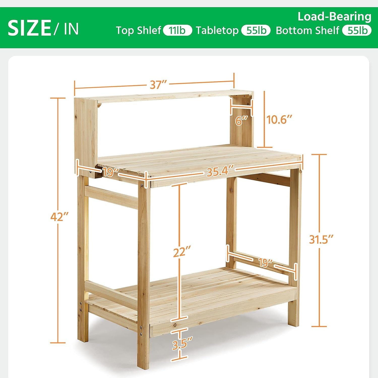 Garden Potting Bench Table Solid Wood Work Station for Patio/Backyard/Garden,Sturdy Workbench Potting Table Outdoor with 3 Tiers Open Storage Shelf, Natural Wood