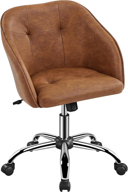 Faux Leather Desk Chair, Makeup Vanity Chair with Adjustable Tilt Angle, Swivel Office Chair Upholstered Armchair Study Chair for Bedroom and Makeup Room Retro Brown