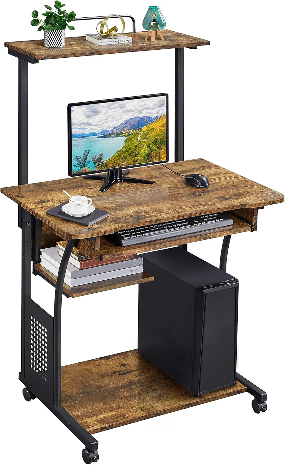 3 Tiers Rolling Computer Desk with Keyboard Tray and Printer Shelf for Home Office, Mobile Computer Desk for Small Space, Retro Computer Table Compact PC Laptop Workstation, Rustic Brown