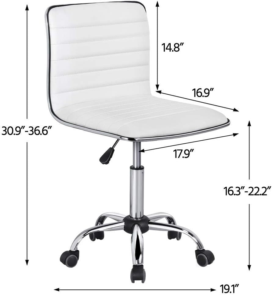 Adjustable Task Chair PU Leather Low Back Ribbed Armless Swivel White Desk Chair Office Chair Wheels