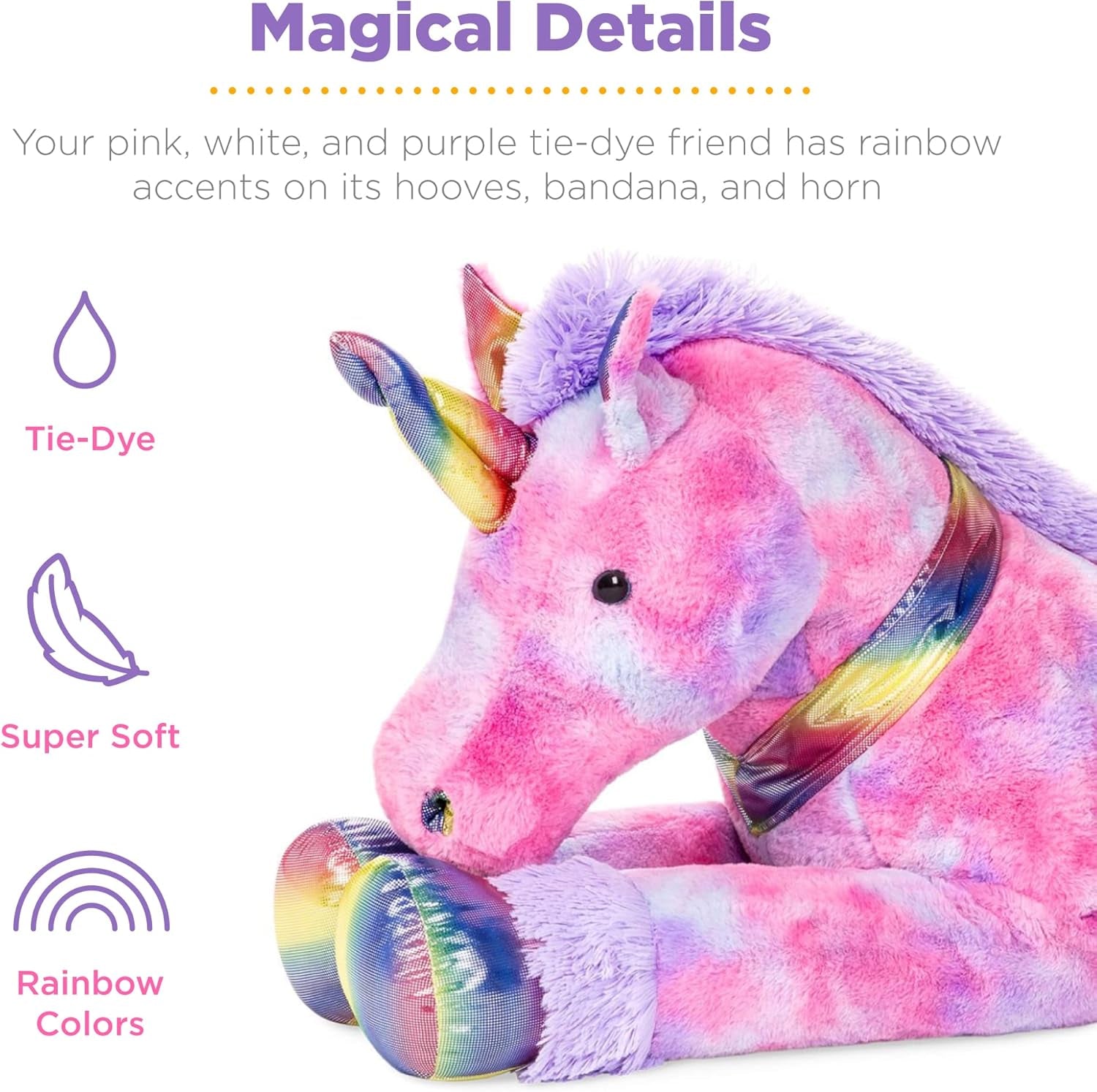 52In Kids Extra Large Plush Unicorn, Life-Size Stuffed Animal Toy W/Rainbow Details - Tie-Dye Faux Fur