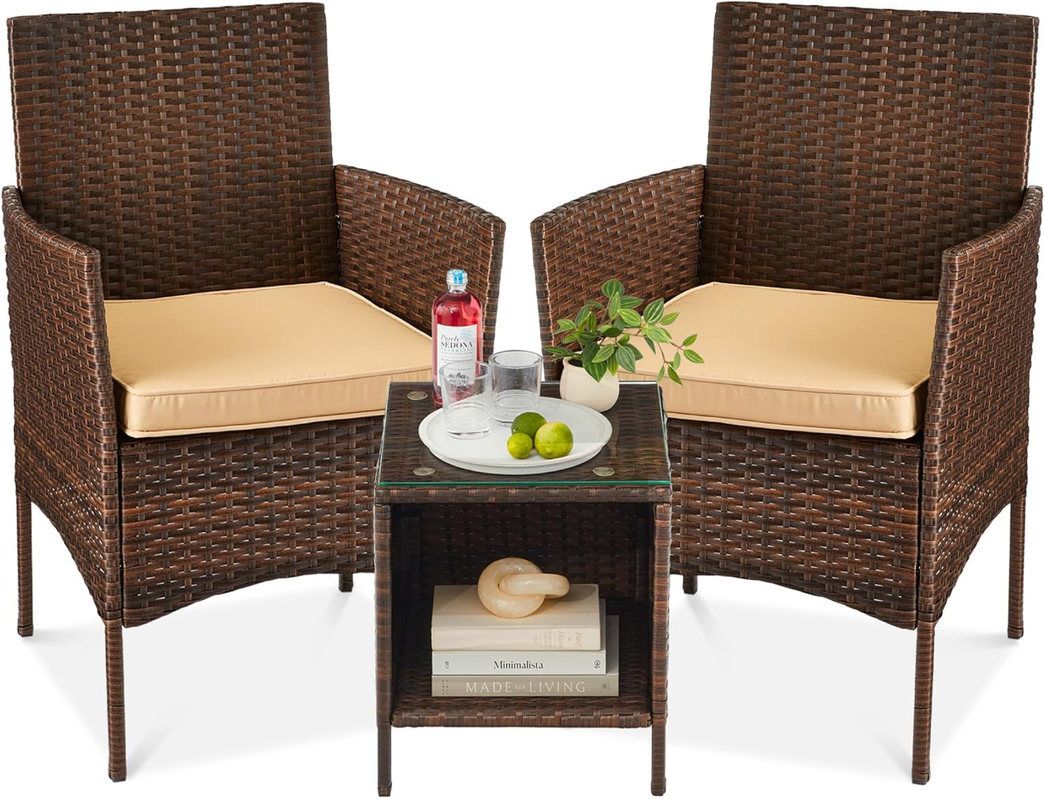 3-Piece Outdoor Wicker Conversation Bistro Set, Space Saving Patio Furniture for Garden W/Side Table - Gray/Navy