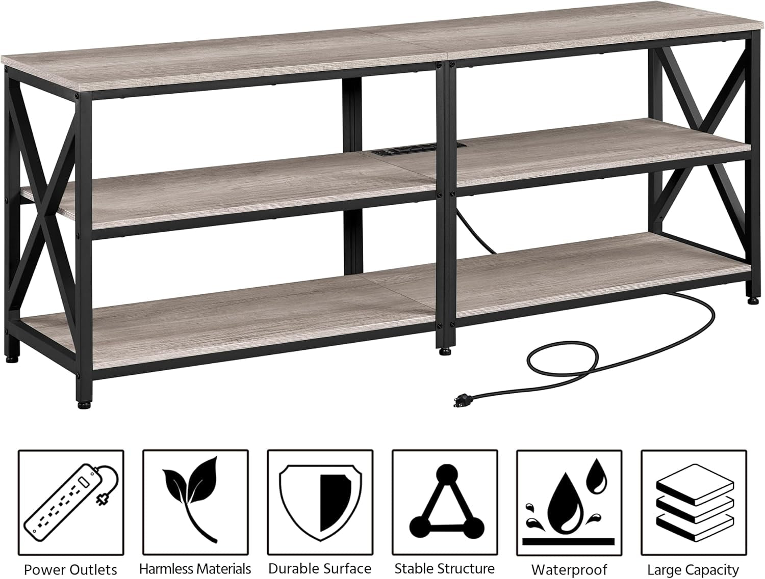 TV Stand with Power Outlet for 70 Inch TV, 3 Tiers TV Storage Cabinet, Entertainment Center with Charging Station for Living Room, Gray