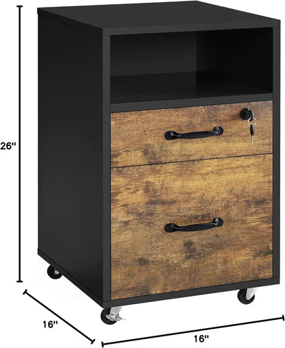 File Cabinet, under Desk Vertical Cabinet with 2 Drawers and Open Compartment, Printer Stand with Lockable Wheels for A4 Letter Size Hangable File Folders for Home Office(Black/Rustic Brown)