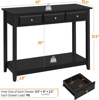 Console Table with 3 Drawers, Wood Entryway Table with Storage Shelf, Sofa Table Narrow Long for Living Room, Entryway, Hallway, Foyer, Black