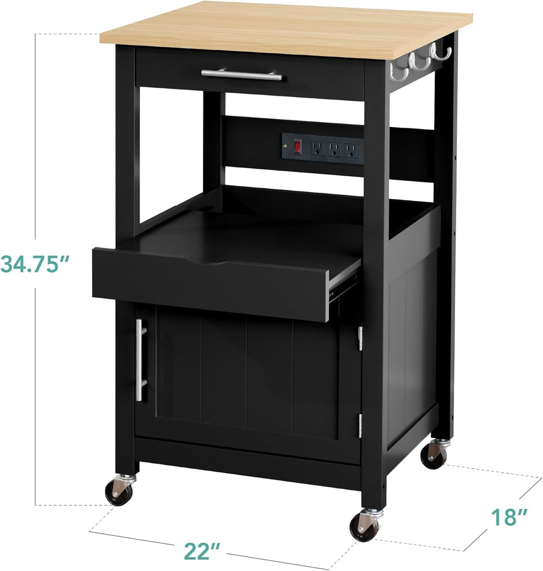 Rolling Kitchen Island Cart, Single Door Cabinet W/Drawer, Sliding Tray, Hidden Outlet, Hooks, &amp; Lockable Wheels - Onyx Black