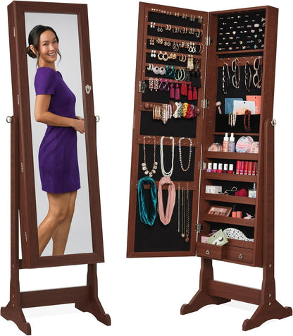 Freestanding Jewelry Armoire Cabinet, Full Length Standing Mirror, Lockable Makeup Storage Organizer, W/Velvet Lining, 3 Angles, Lock, Accessory Pouch, 5 Shelves - Sage