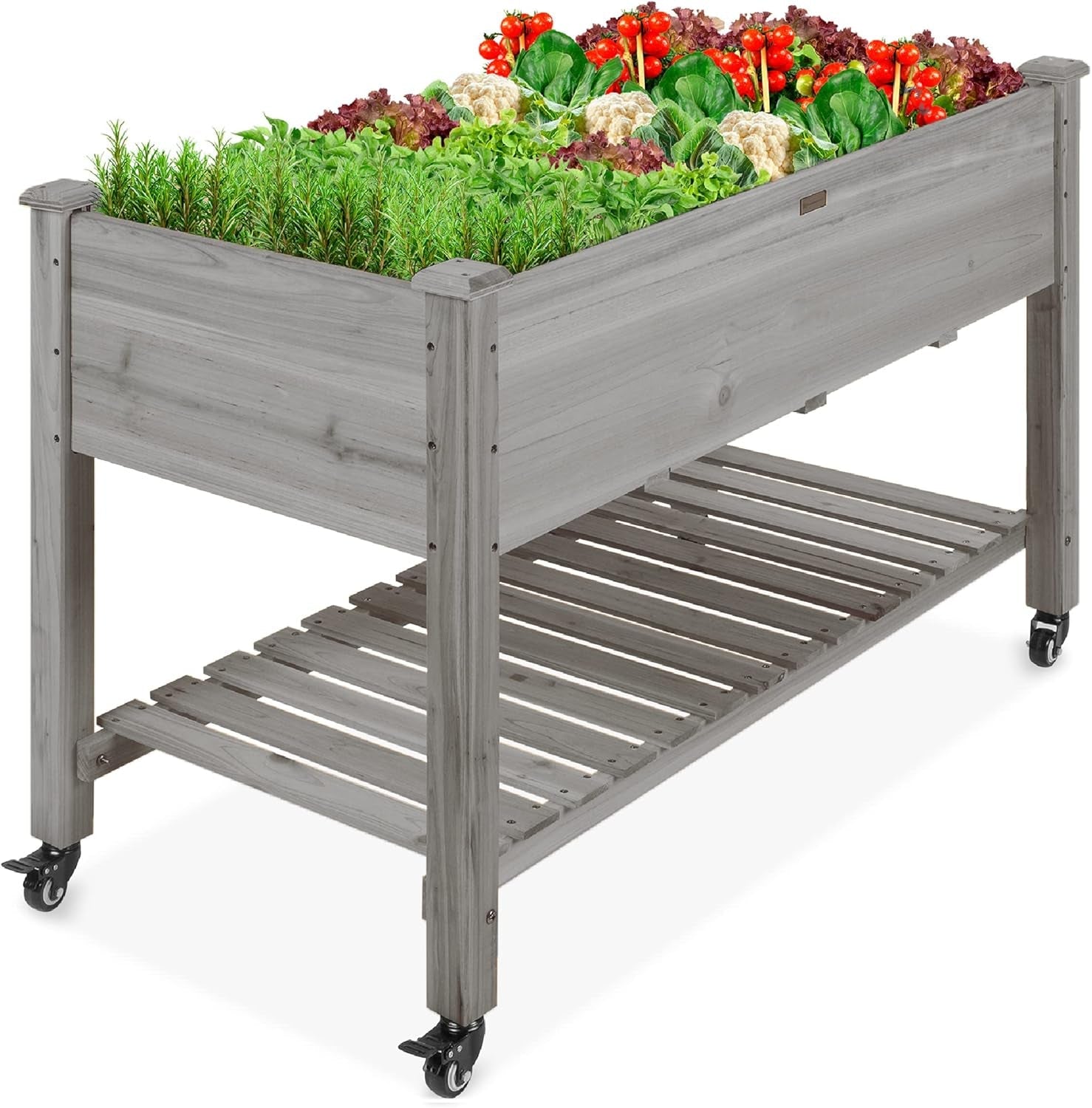 Raised Garden Bed 48X24X32-Inch Mobile Elevated Wood Planter W/Lockable Wheels, Storage Shelf, Protective Liner - Natural