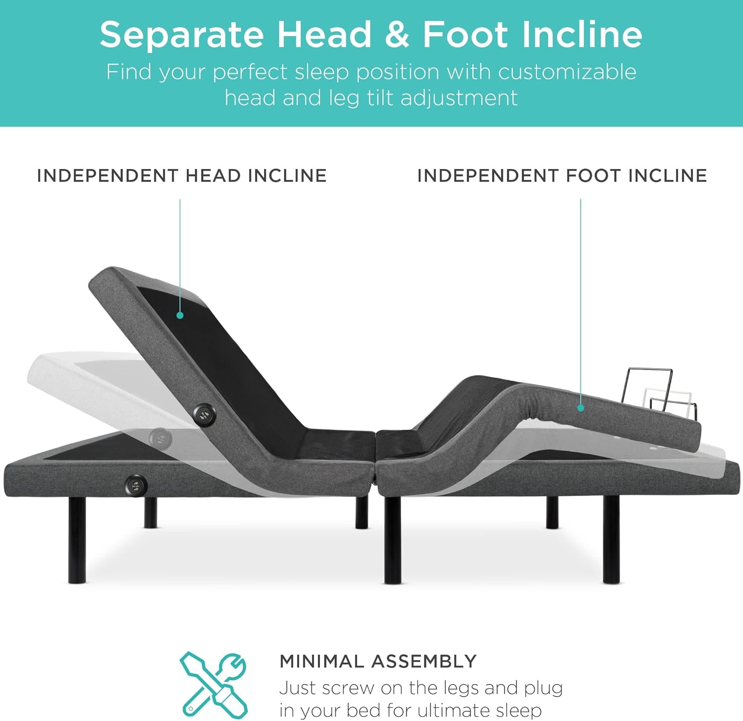 Ergonomic Split King Size Adjustable Bed, Zero Gravity Base for Stress Management W/Wireless Remote Control, Massage, USB Ports