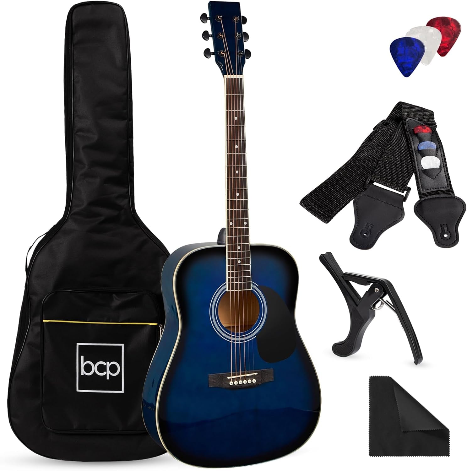 41In Full Size Beginner All Wood Acoustic Guitar Starter Set W/Case, Strap, Capo, Strings, Picks - Natural