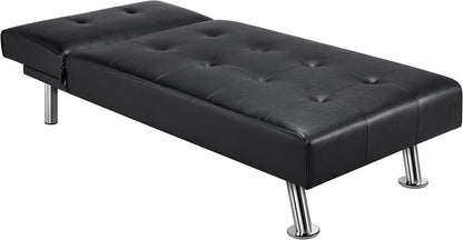 Faux Leather Sofa Bed Sleeper Convertible Futon Sofa Modern Recliner Couch Daybed with Chrome Metal Legs for Living Room Black