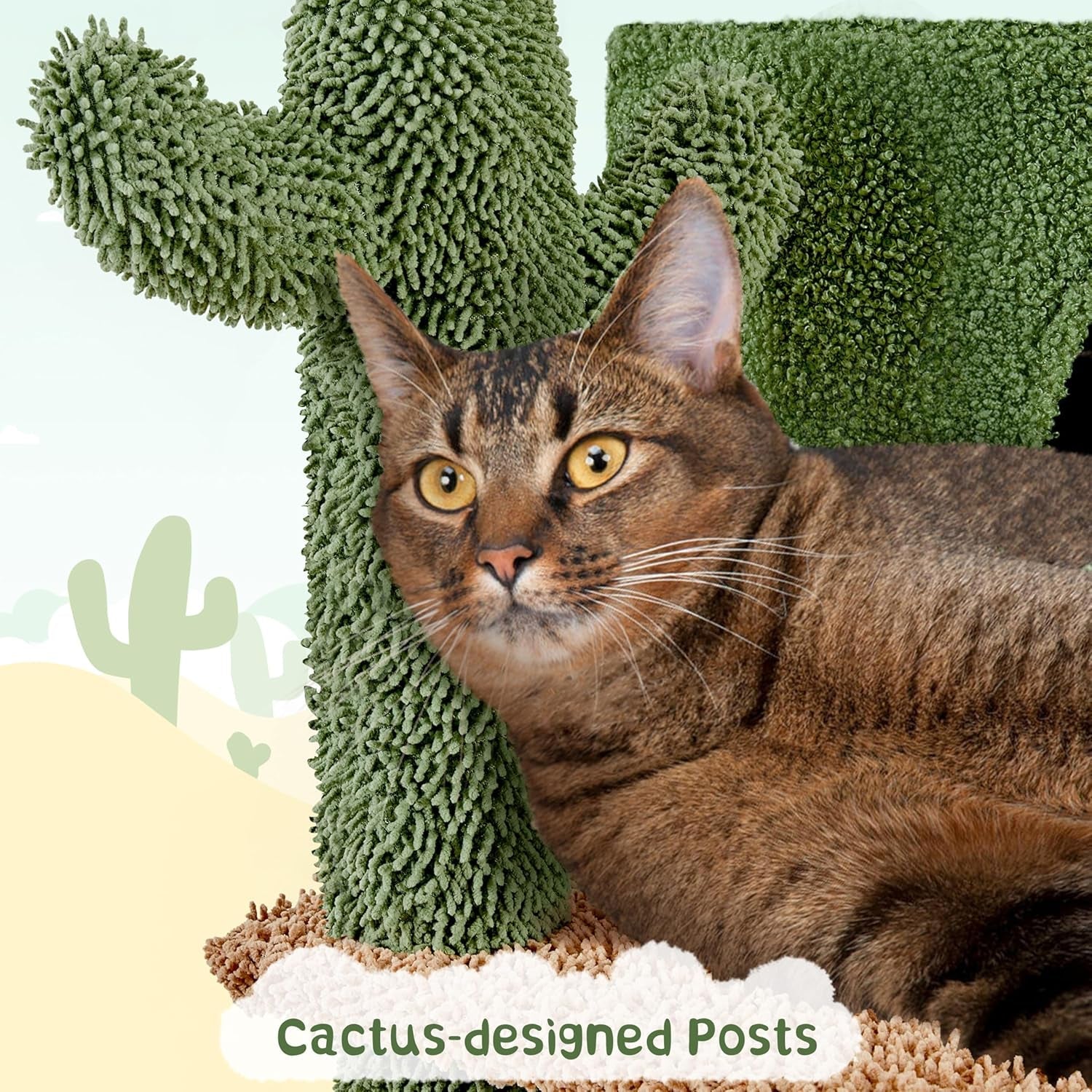 Cactus Cat Tree, 66In Cat Tower for Indoor Cats, Multi-Level Cat Tree with Large Condos &amp; Ramp, Pet Play House with Padded Perch, Platforms, Basket &amp; Hanging Ball, Green/Brown