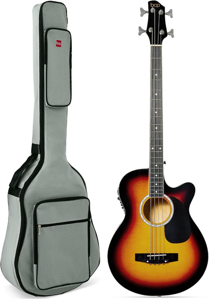 Acoustic Electric Bass Guitar, Full Size 4 String, Fretted Bass Guitar W/Padded Gig Bag - Black