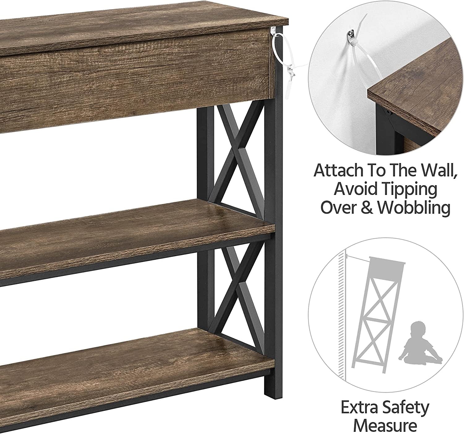 Console Table with Drawer and 2 Open Storage Shelves, Sofa Table for Living Room, 3-Tier Narrow Entryway Table, X-Shaped Design, Taupe Wood