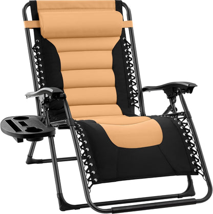 Oversized Padded Zero Gravity Chair, Folding Outdoor Patio Recliner, XL anti Gravity Lounger for Backyard W/Headrest, Cup Holder, Side Tray, Polyester Mesh - Black/Gray