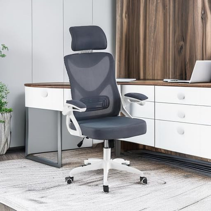 Ergonomic Mesh Office Chair, High Back Desk Chair with with Flip-Up Armrests, Adjustable Padded Headrest Computer Chair with Lumbar Support for Home Oiffce Game Room, White/Gray