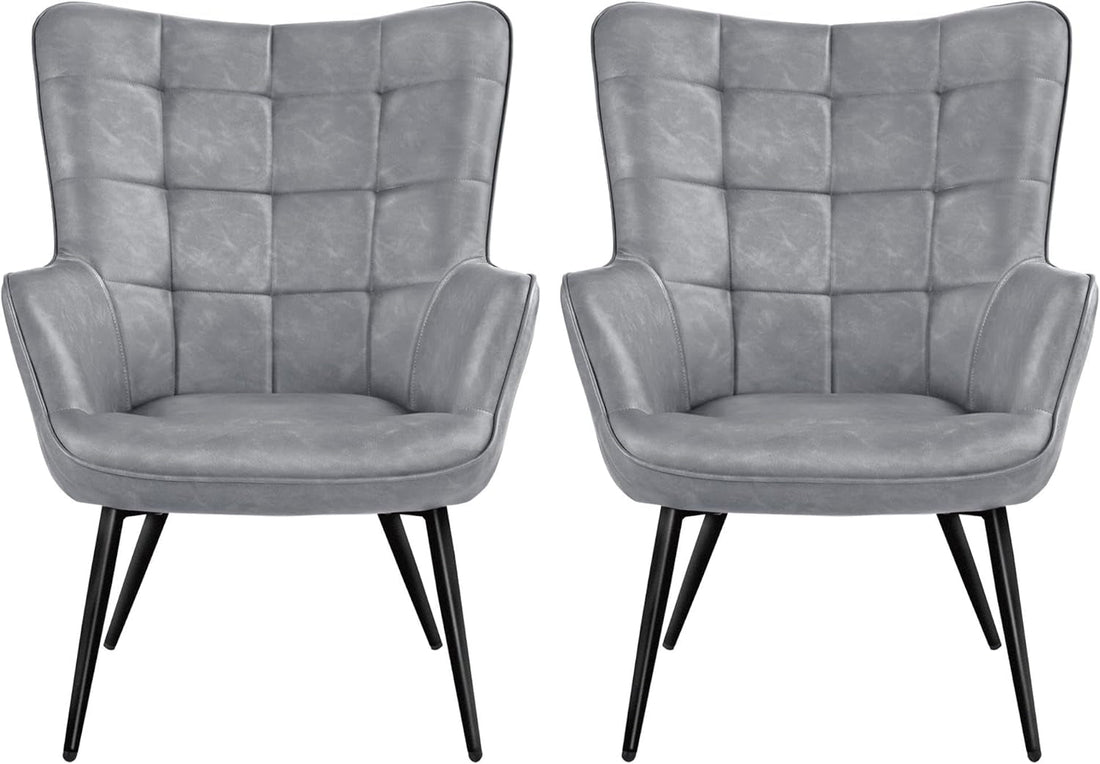 Faux Leather Chair Upholstered Living Room Chairs Accent Armchair with Tapered Legs Tufted Sofa Chairs for Home Office/Dining Room/Bedroom Grey, Set of 2