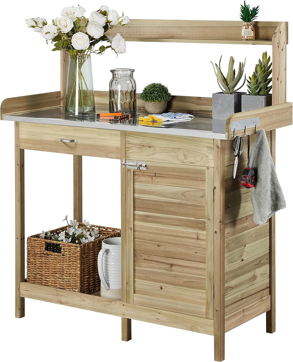 Outdoor Garden Potting Bench Table Work Bench Metal Tabletop W/Cabinet Drawer Open Shelf Natural Wood