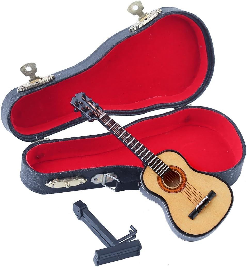 Wooden Miniature Guitar with Stand and Case Mini Musical Instrument Replica Collectible Dollhouse Accessories Model Home Decoration Ornament (5.12&quot;X1.85&quot;X0.67&quot;)