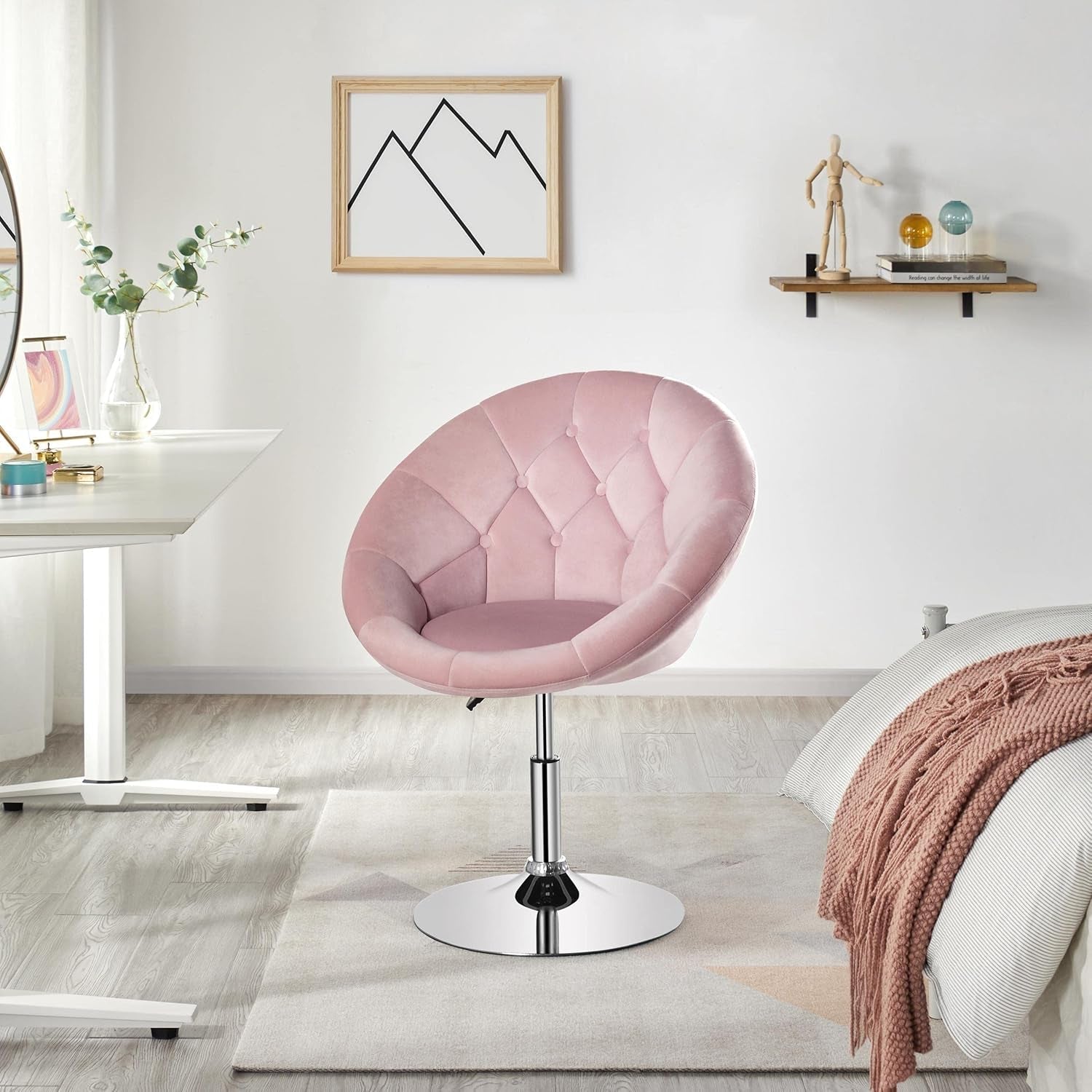 Living Room Vanity Chair Makeup Velvet round Tufted Back Swivel Accent with Chrome Frame Height Adjustable for Room, Bedroom, Pink