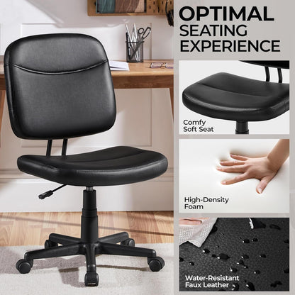 Armless Office Chair Ergonomic Desk Chair Low Back PU Leather Adjustable Swivel Chair Computer Task Chair, Black