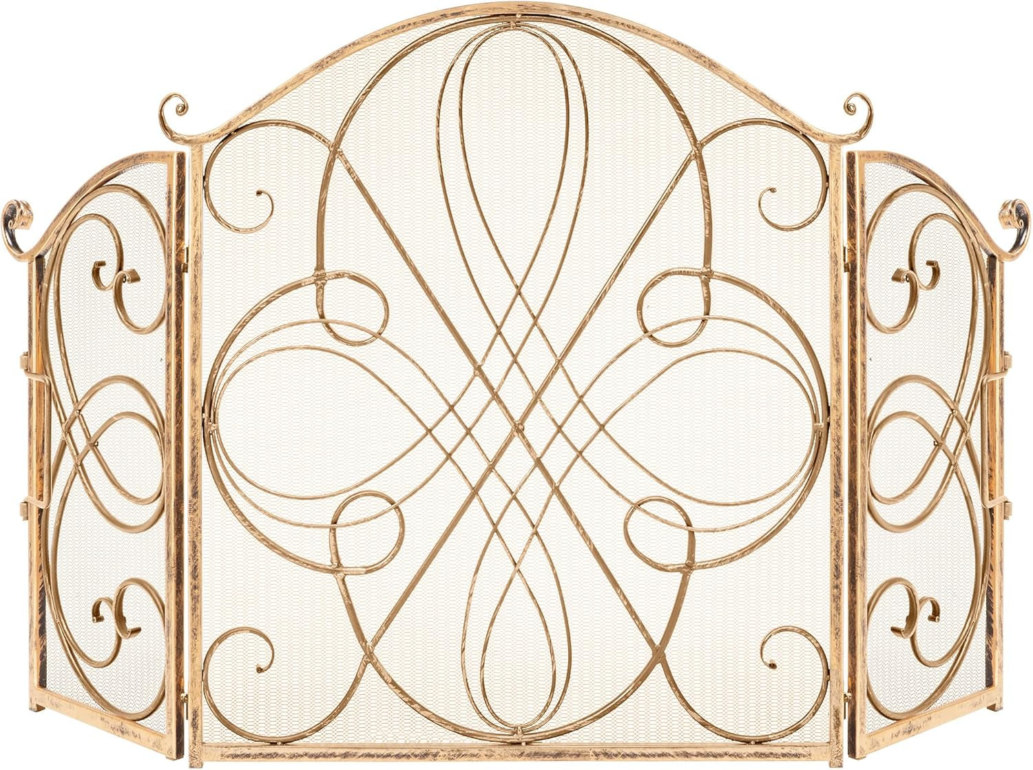 3-Panel 55X33In Solid Wrought Iron See-Through Metal Fireplace Screen, Spark Guard Safety Protector W/Decorative Scroll - Copper