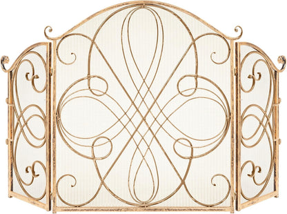 3-Panel 55X33In Solid Wrought Iron See-Through Metal Fireplace Screen, Spark Guard Safety Protector W/Decorative Scroll - Copper