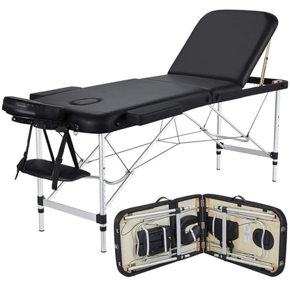 Massage Tables Portable Tattoo Table Adjustable Lash Bed Aluminium 3 Folding Spa Bed with Non-Woven Bag 24 Inch Wide Black