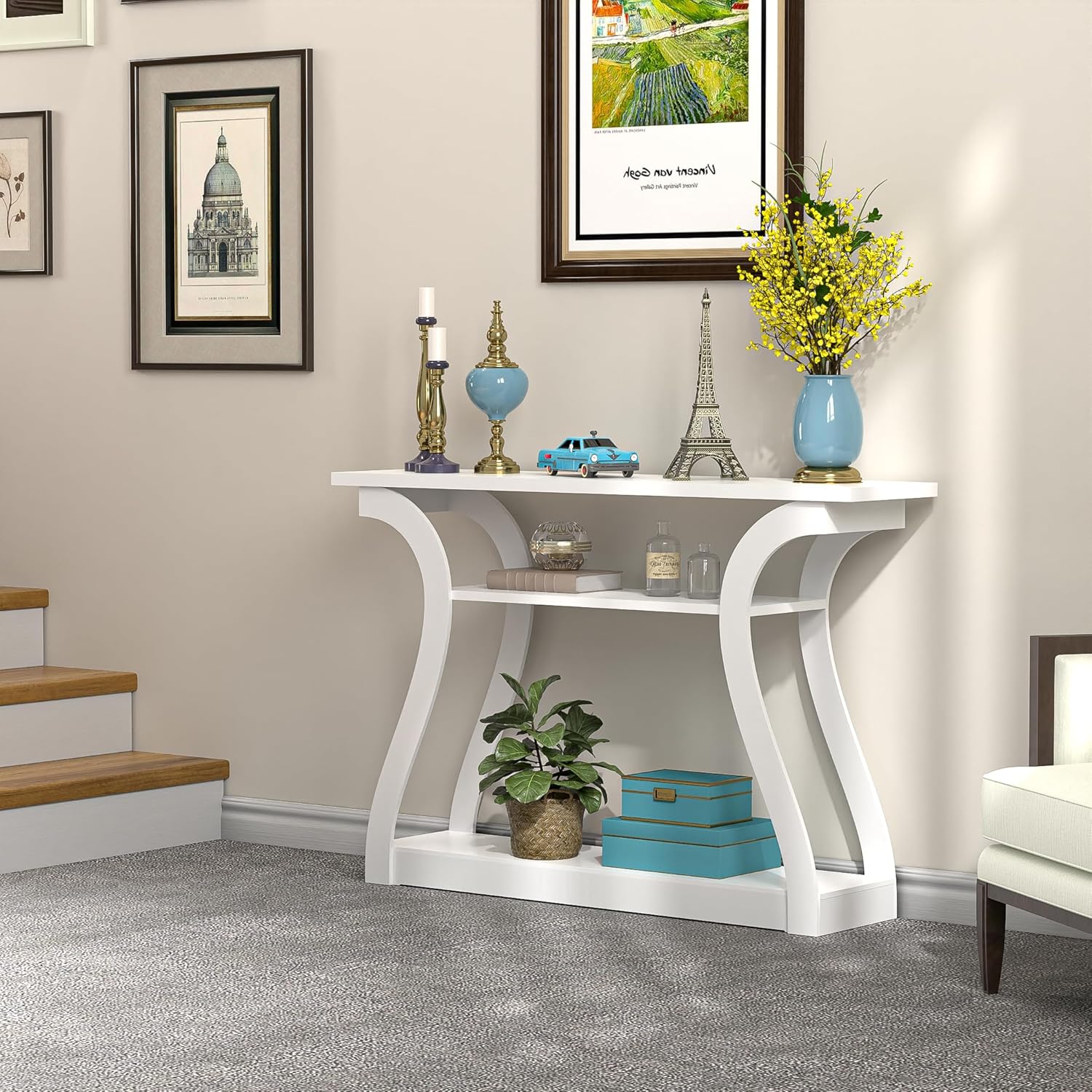 Narrow Console Table with 3-Tier Storage Shelves for Entryway, Living Room, or Hallway